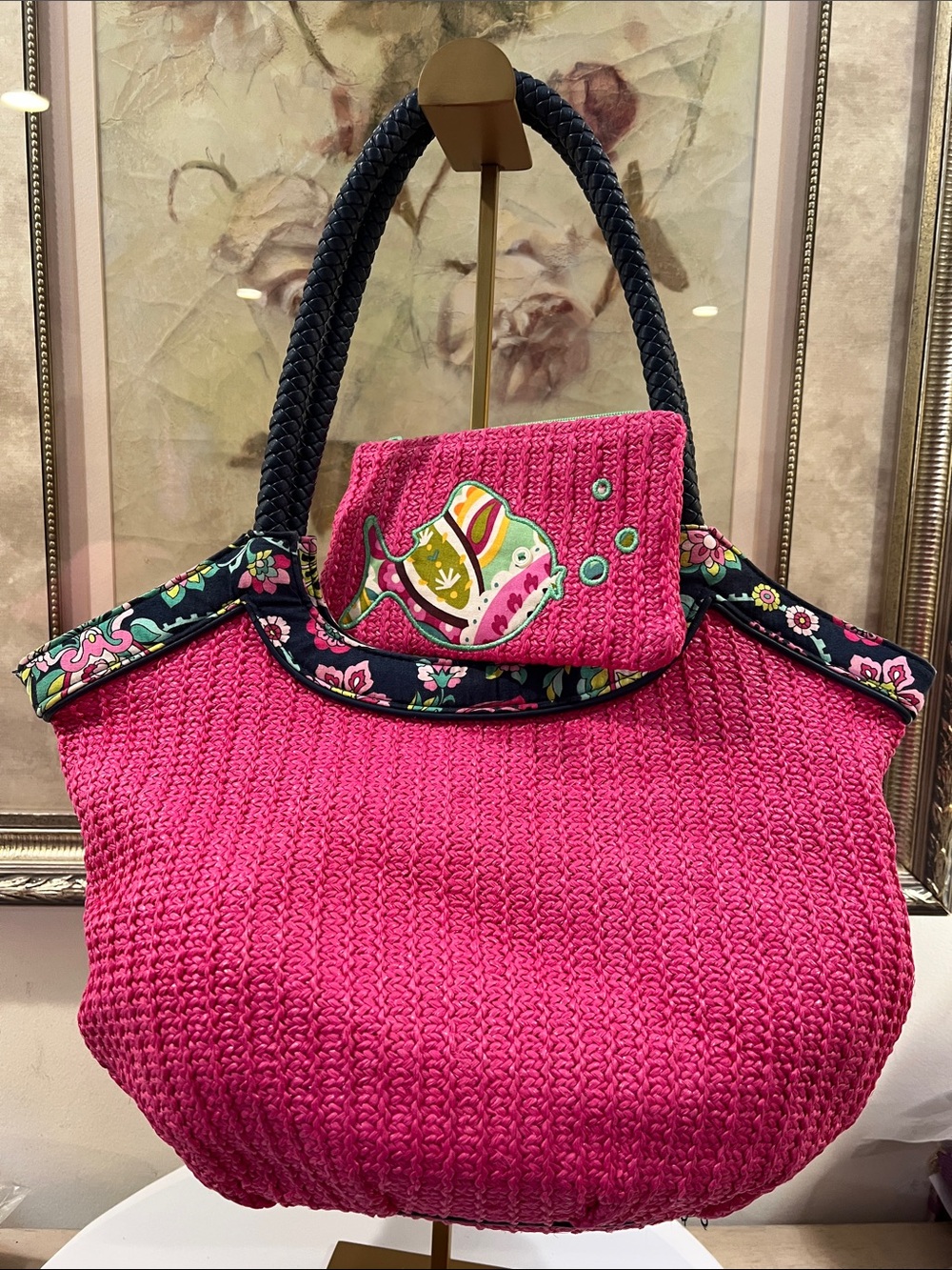 Vera Bradley Hot Pink Straw Tote with Navy Floral Trim and Braided Handles